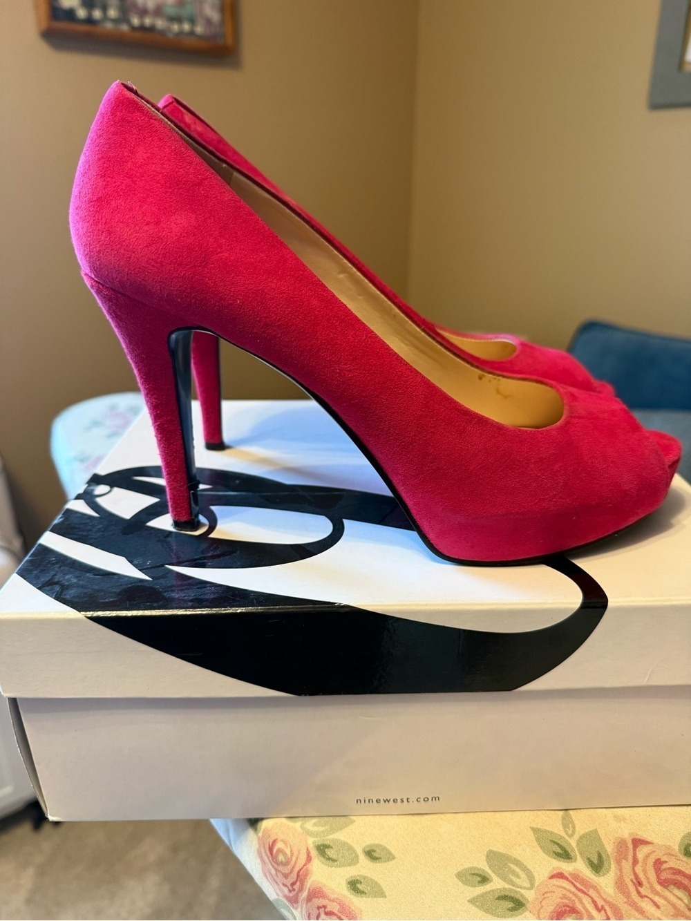 Nine West Women's Peep Toe Camya Pump - Hot Pink Suede 8.5